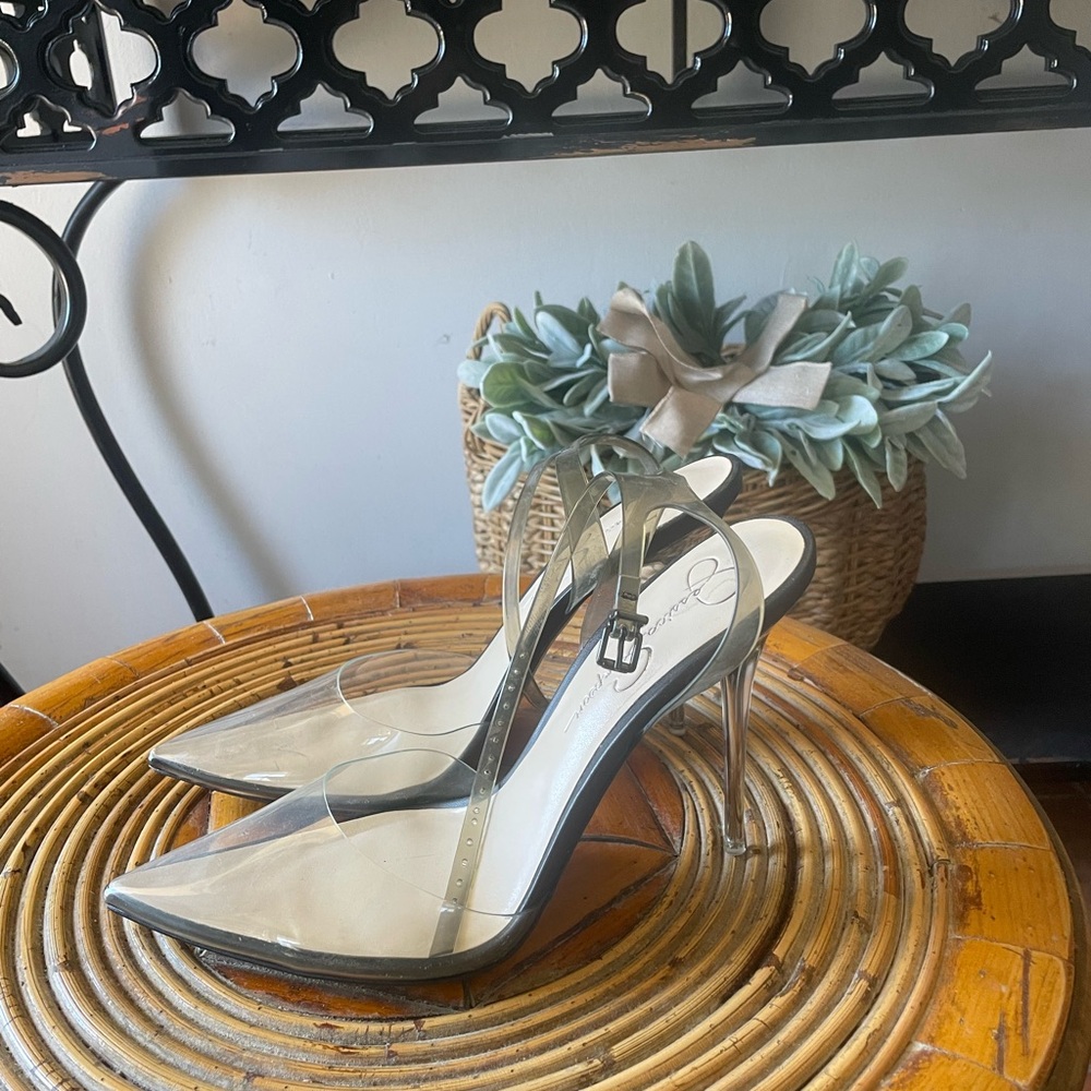 Jessica Simpson Clear Pointed Slingback Heels with Black Trim - Picture 3 of 3